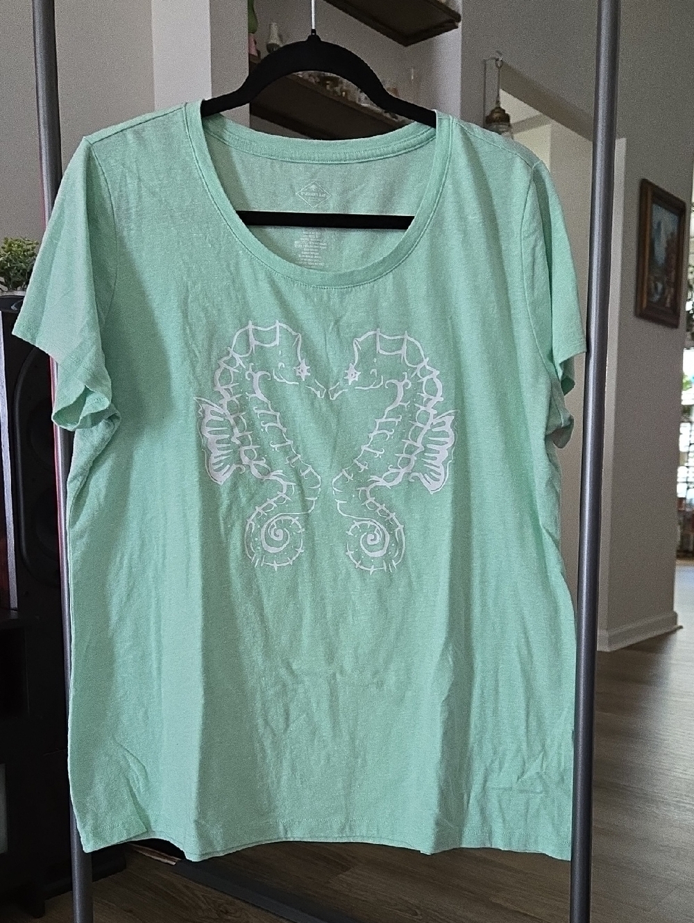 St. John's Bay Mint Green Short Sleeve Tee with White Seahorse Graphic